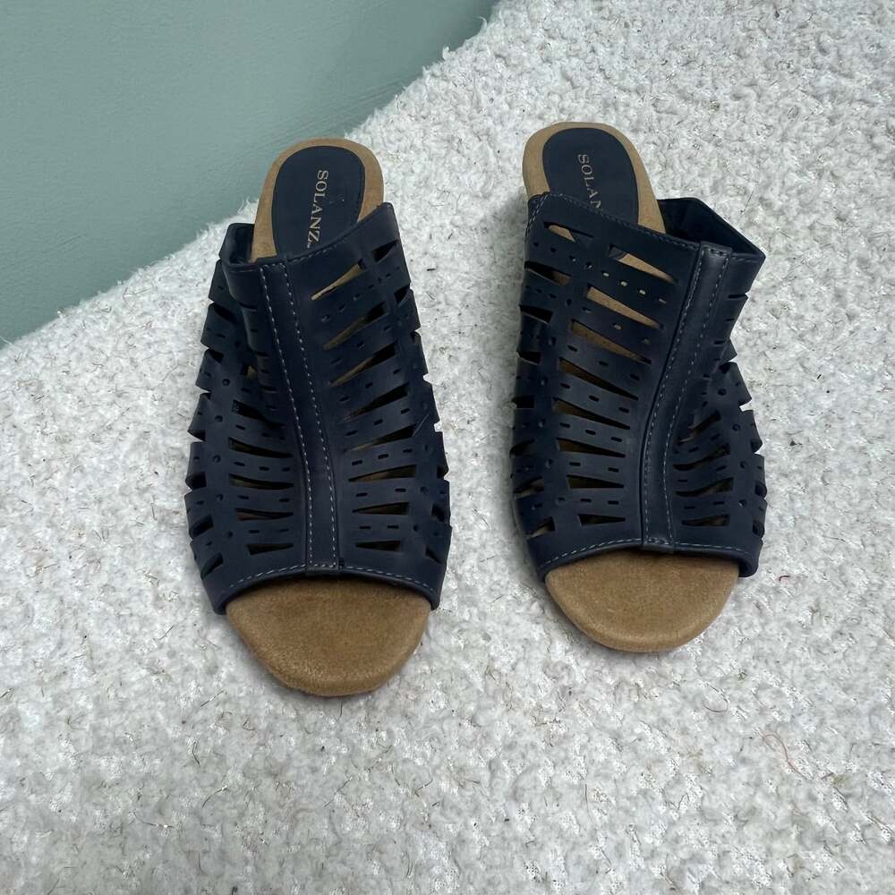 Solanz Paulette Women's Navy Blue Laser Cut Leather Wedge Slide Sandals Size 8